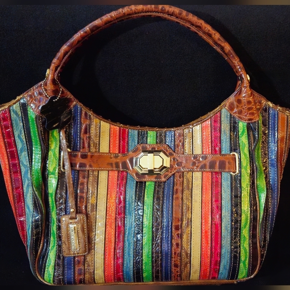 Madi Claire Vintage Multi-Color Striped with Cognac Brown Trim Faux Leather Bag